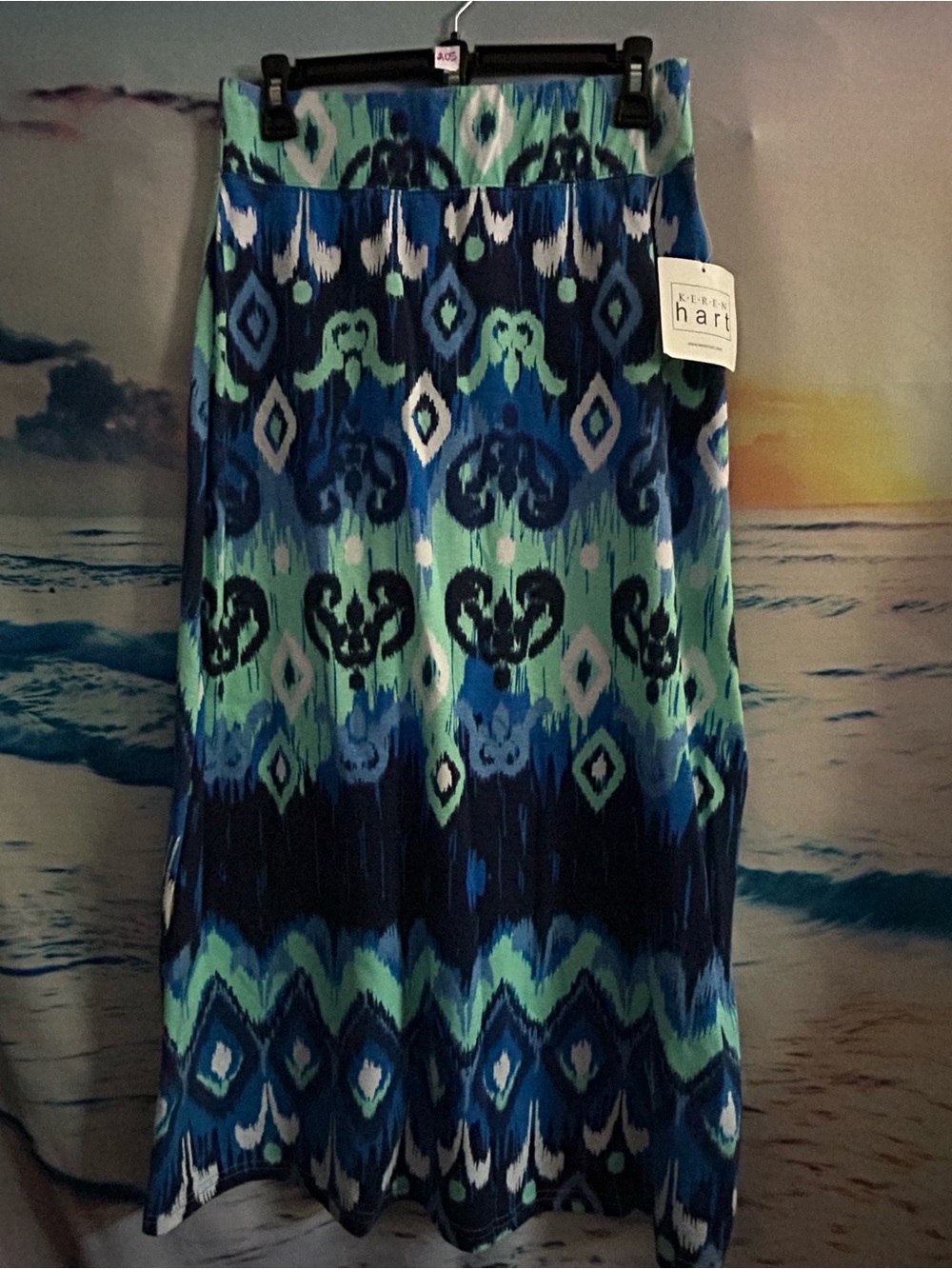 KEREN Hart Women’s Blue & Green Ikat Print Maxi Skirt SM NWT